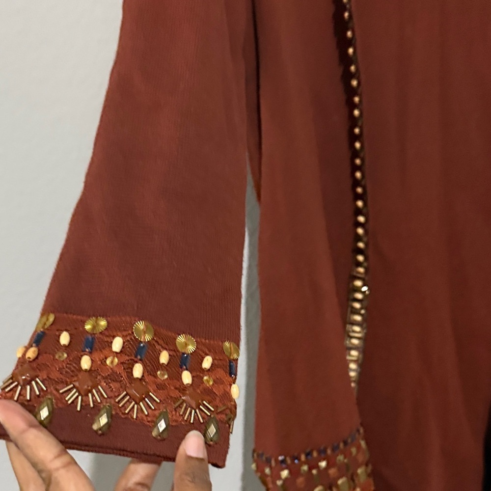Chico's Rich Brown Cardigan with Beaded Detail long gorgeous - Picture 7 of 9